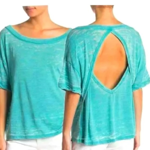 Free People Tops - FREE PEOPLE Distressed Open Back Tee Shirt Teal